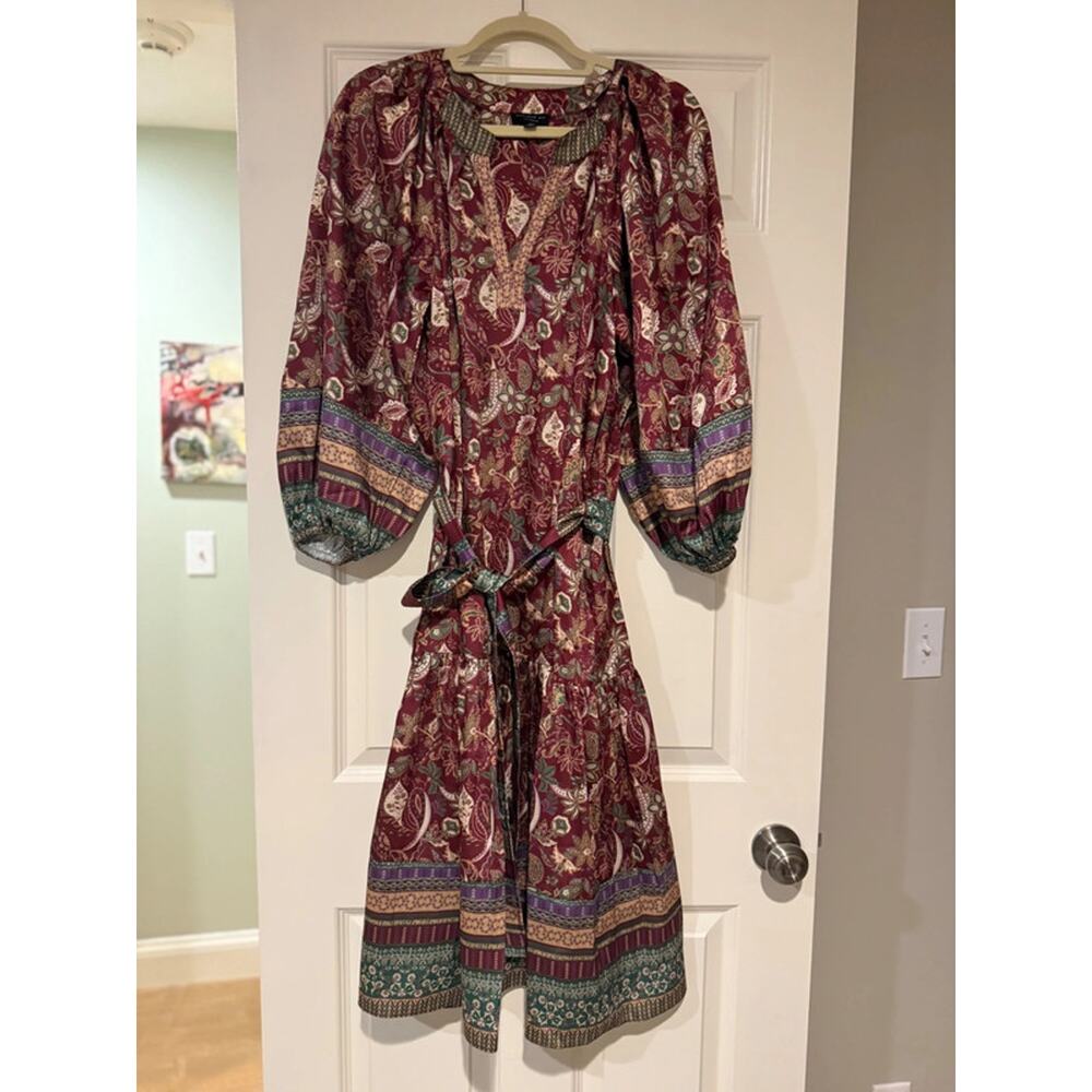 Current Air Midi Belted Floral Print Long Sleeve Dress